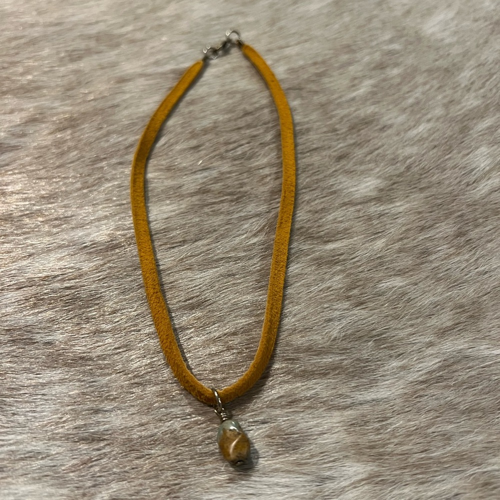 Mustard yellow leather Necklace with  Royston turquoise Pendant